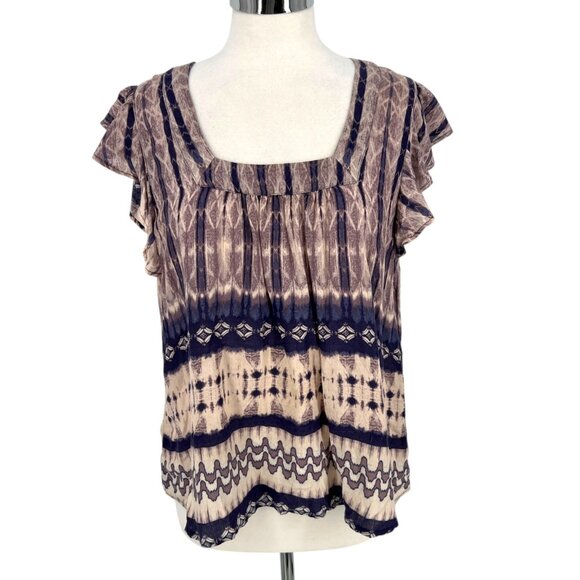 Braeve Boho Style Rayon Top Ruffle Sleeves Square Neck Purple Beige Size Medium - Picture 1 of 11